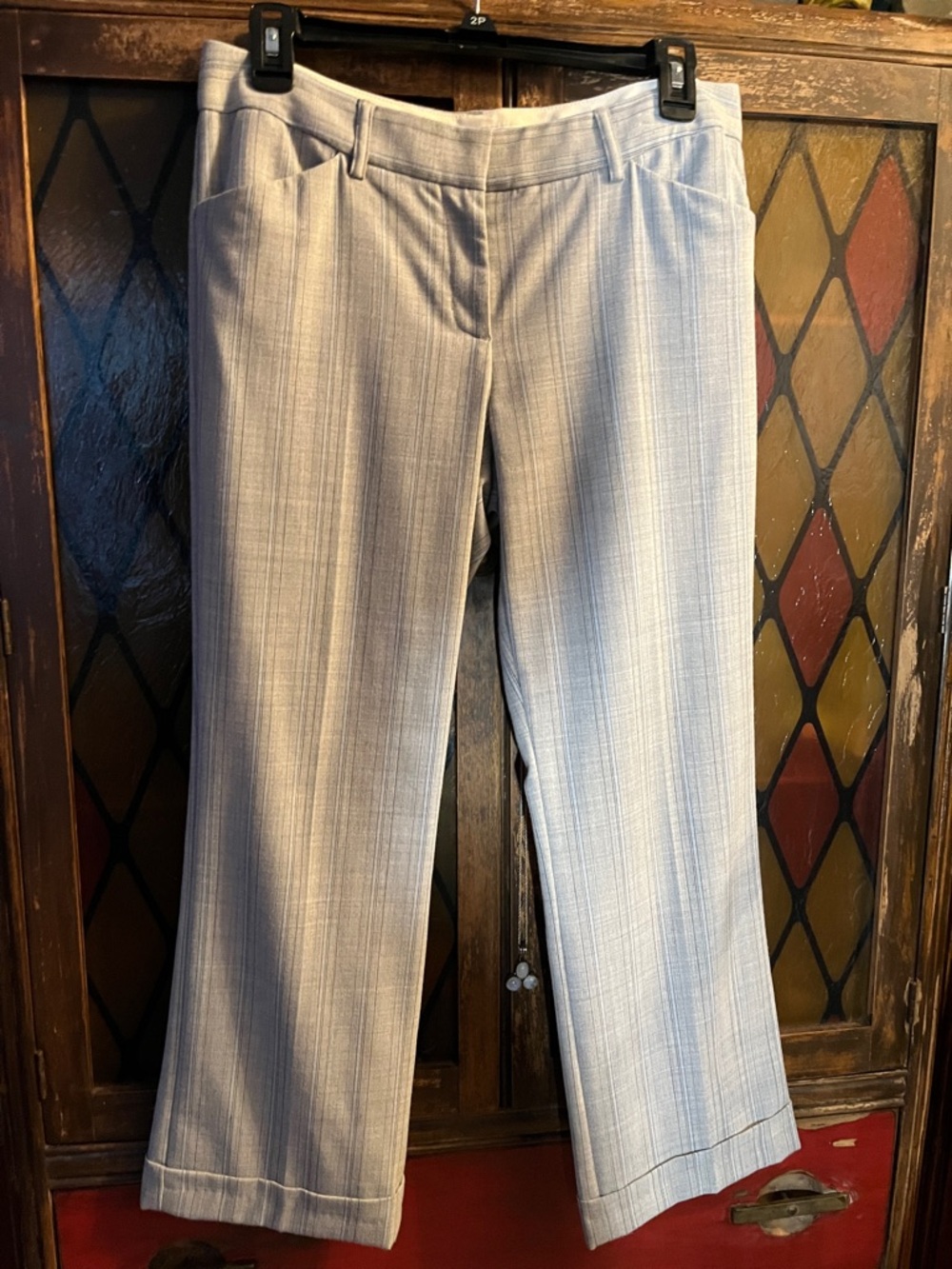 Vintage Express Light Gray Pinstripe/Plaid Crop Dress Pants for Women - Workwear